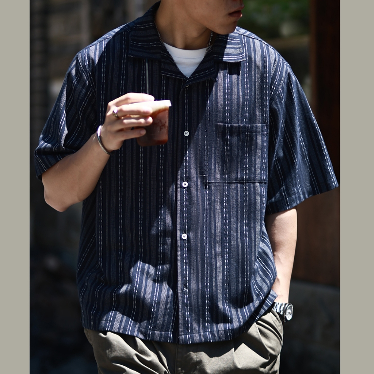 Cuban Collar Textured Striped Shirt