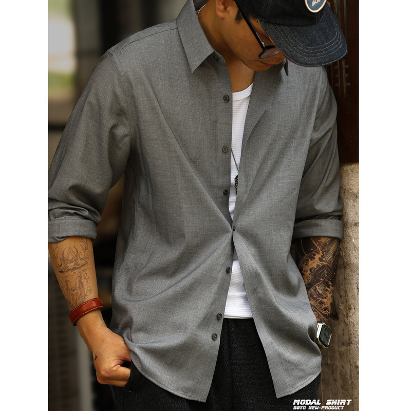 Wuluwear Anti-Wrinkle Non-Iron Modal Long-Sleeved Shirt Men American Casual Commuter Outer Shirt Bottoming Shirt