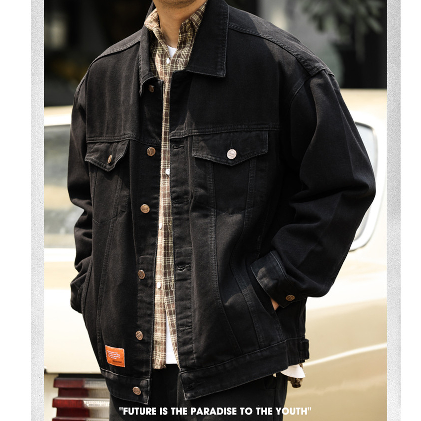 American Retro Lapel Heavy Denim Jacket Men Washed Black Plus Size Workwear Casual Hunting Jacket