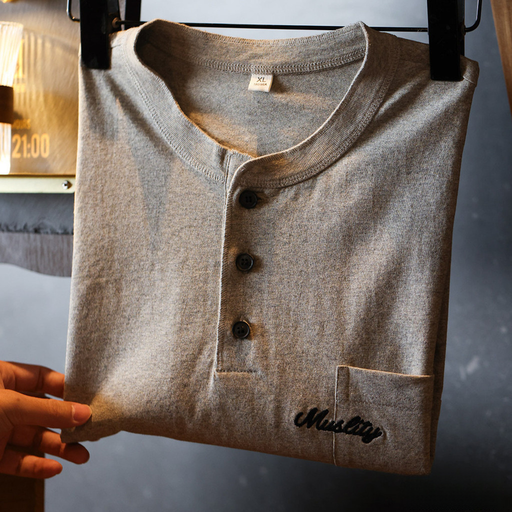 235g Casual Embroidered Short-Sleeved Henry Shirt Cotton Gray T-Shirt
