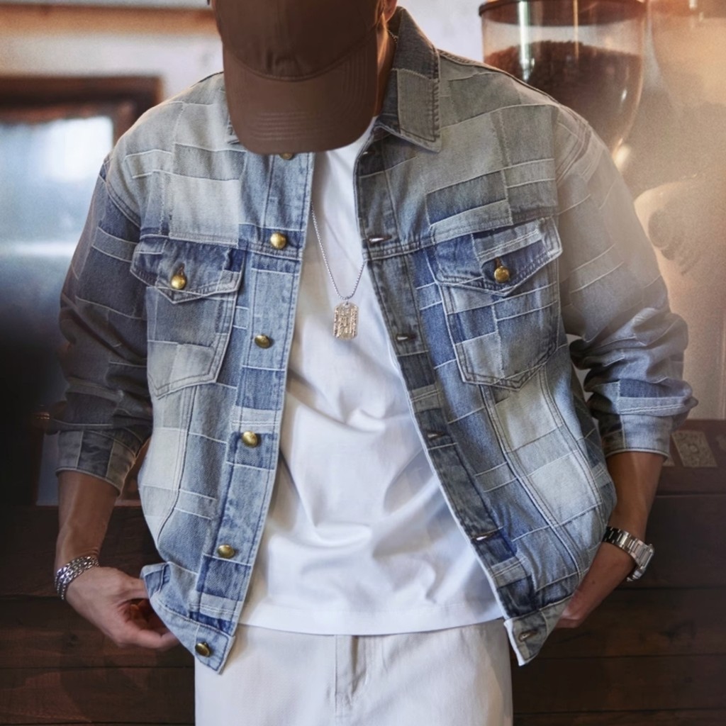 Checkered Washed Denim Jacket