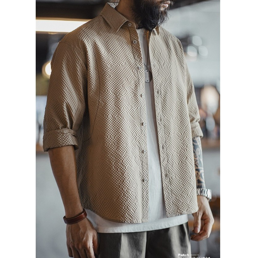 100g Casual Seersucker Non-Iron Long-Sleeved Shirt Texture Thin Lapel Shirt Jacket Men Autumn