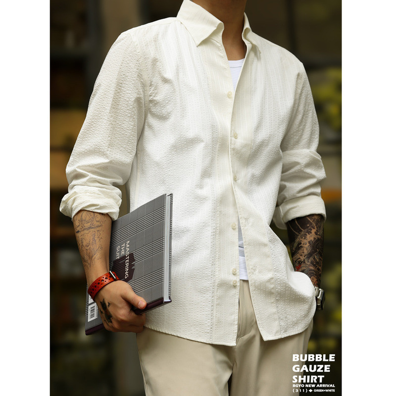 Wuluwear American Micro-Pleated Striped Texture Long-Sleeved Shirt Men Yuppie Old Money Style Casual Shirt Autumn