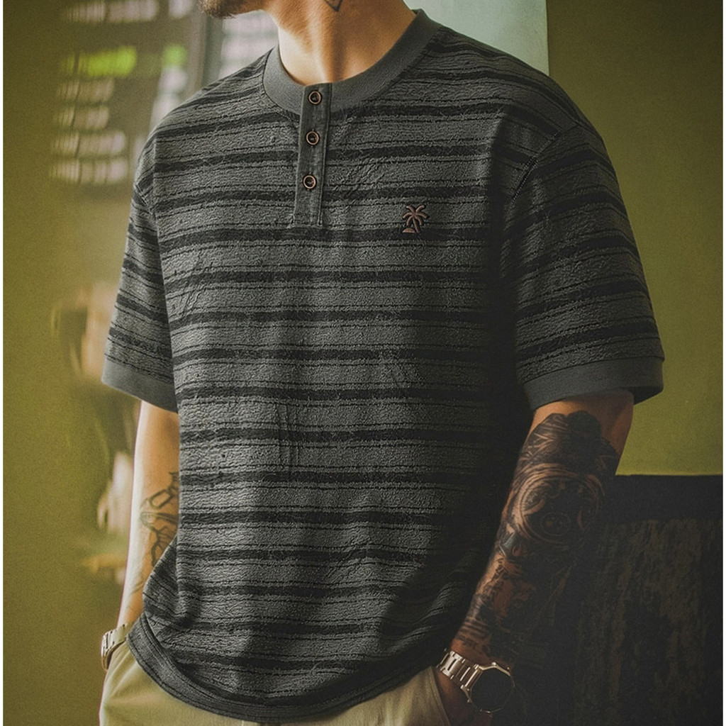 Striped Henry Collar Textured T-Shirt