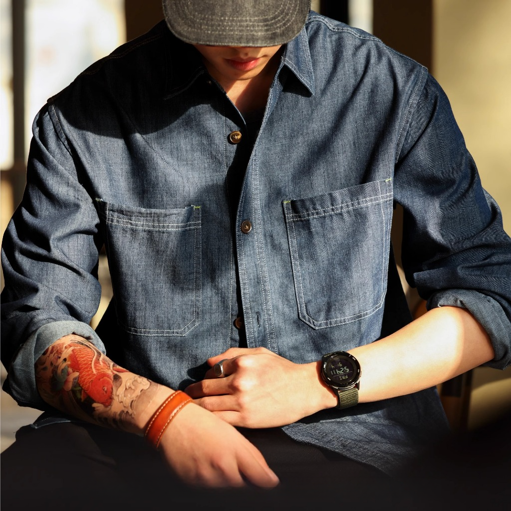 210g French Retro Blue Denim Shirt Men Denim Wash Lazy Style Workwear Long-Sleeved Shirt Jacket