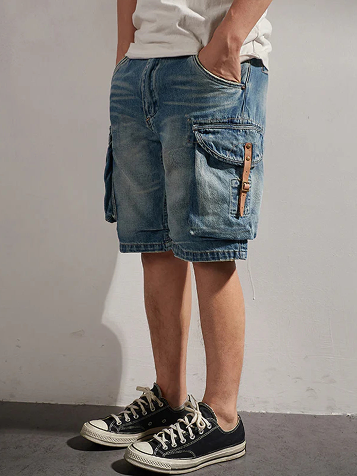 1970s Leather Buckle Washed Denim Shorts