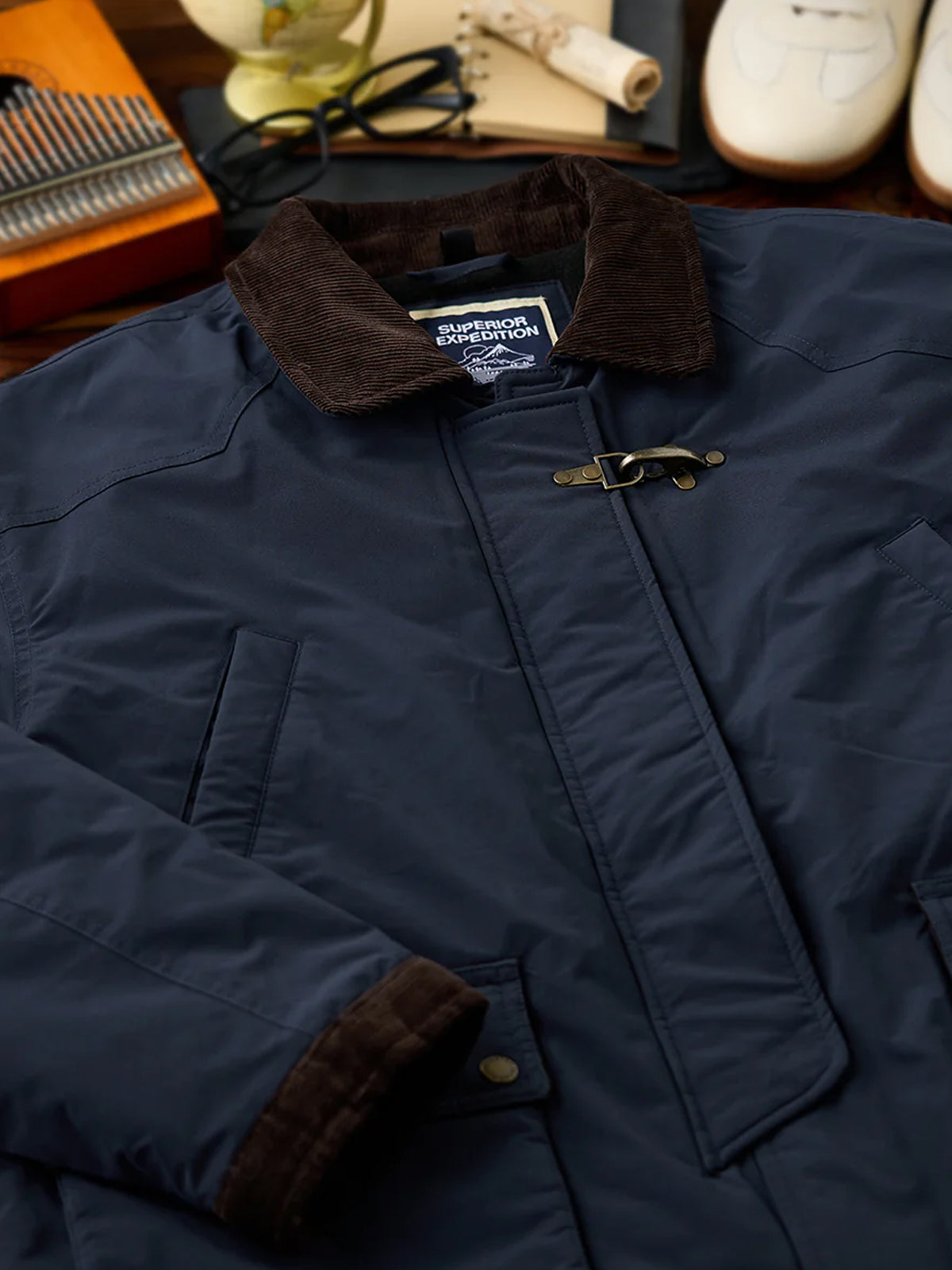 Hunting Jacket with Corduroy Collar and Hook Buttons