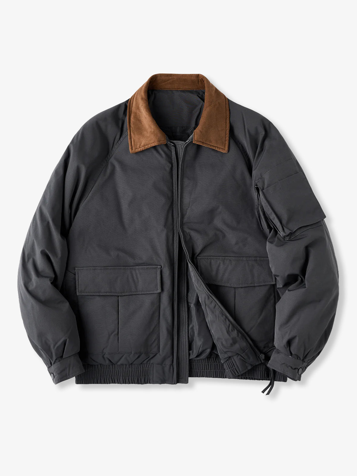Corduroy-Collar Down Jacket with Cigarette Pockets
