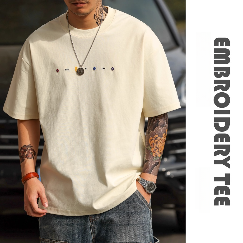 Casual Embroidered Short-Sleeved T-Shirt Men Loose Simple Round Neck Skin-Friendly Dropped