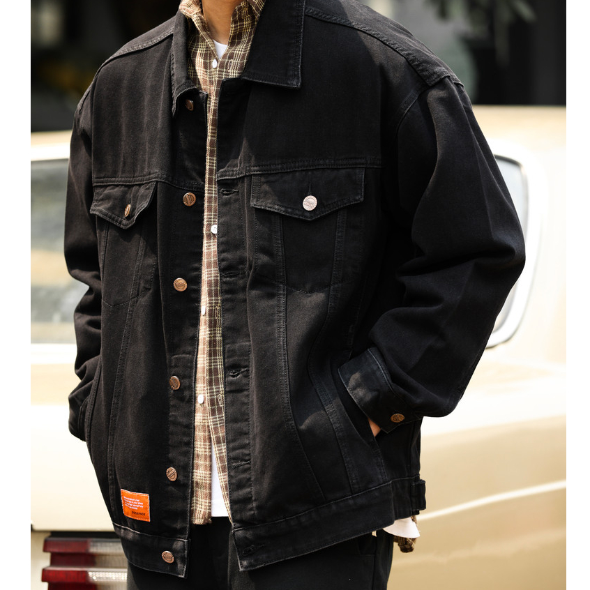 American Retro Lapel Heavy Denim Jacket Men Washed Black Plus Size Workwear Casual Hunting Jacket