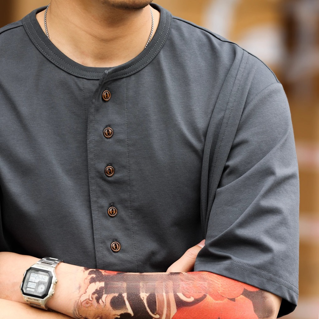240g Henry Collar Short-Sleeved T-Shirt Men Stitching Cut Multi-Button Casual polo Shirt