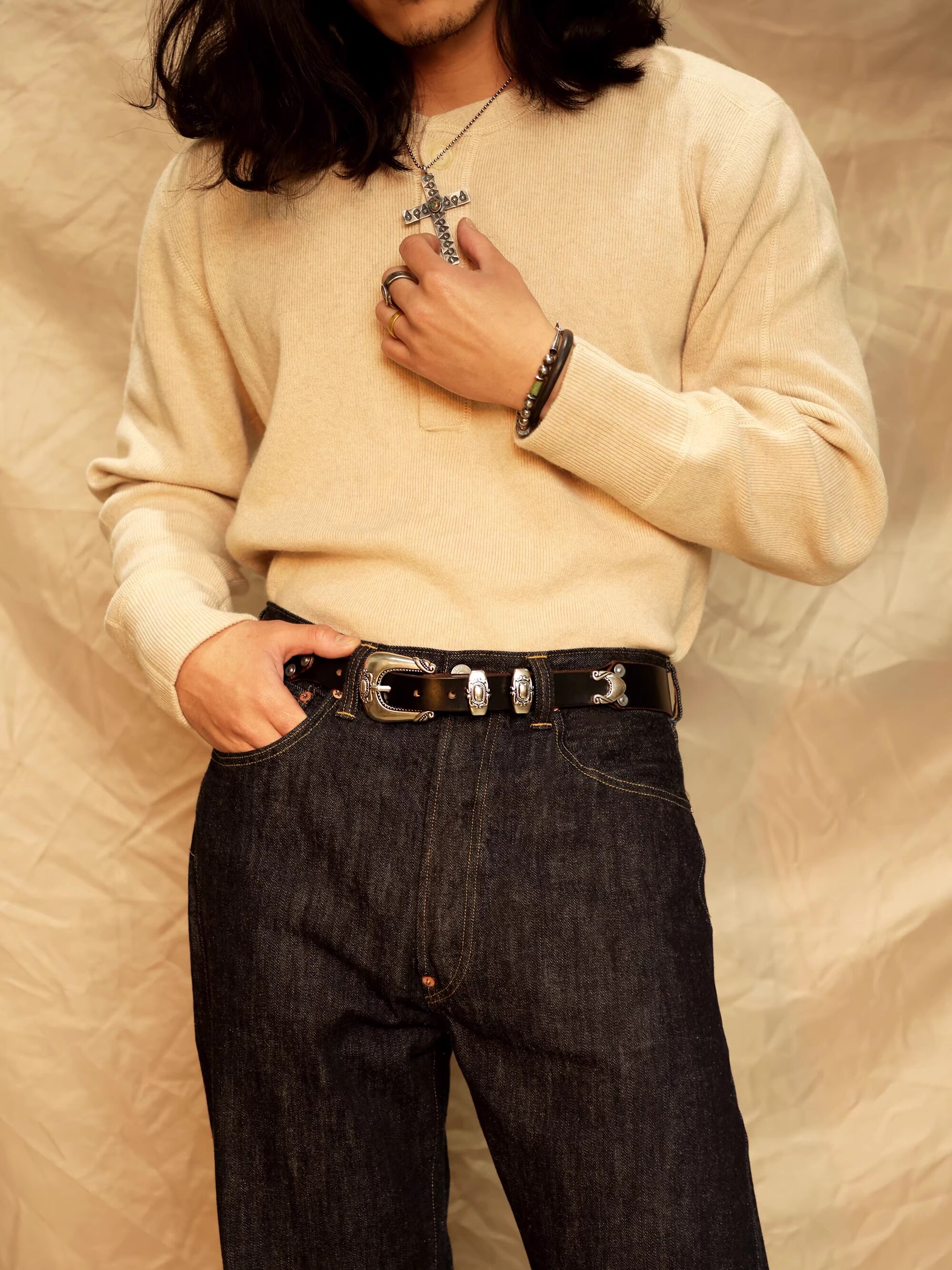 Silver rivet engraved top-grain leather belt 3.5cm