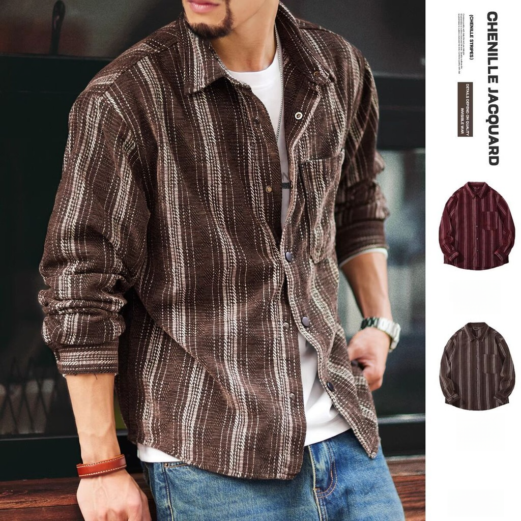 Chenille Striped Jacquard Long-Sleeved Shirt Men Loose Naples Shirt