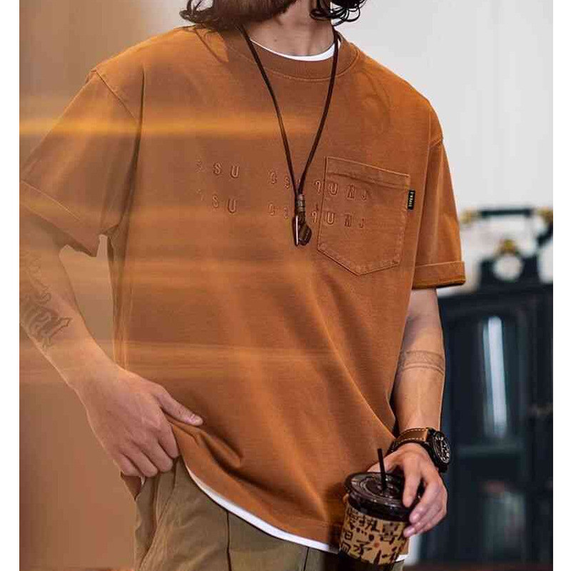 260g Pure Cotton Short-Sleeved t-Shirt Men Washed Embroidered Round Neck Half-Sleeved t-Shirt