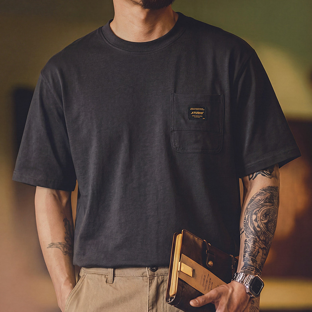 Wuluwear American Retro Tooling Pocket T-Shirt Male Lyocell Cool Breathable Short-Sleeved Summer Loose Stretch Casual Top