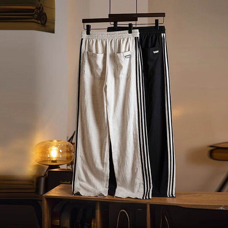 Lyocell Linen Thin Casual Pants Men Summer Stripes Men's Drape Straight Long Pants