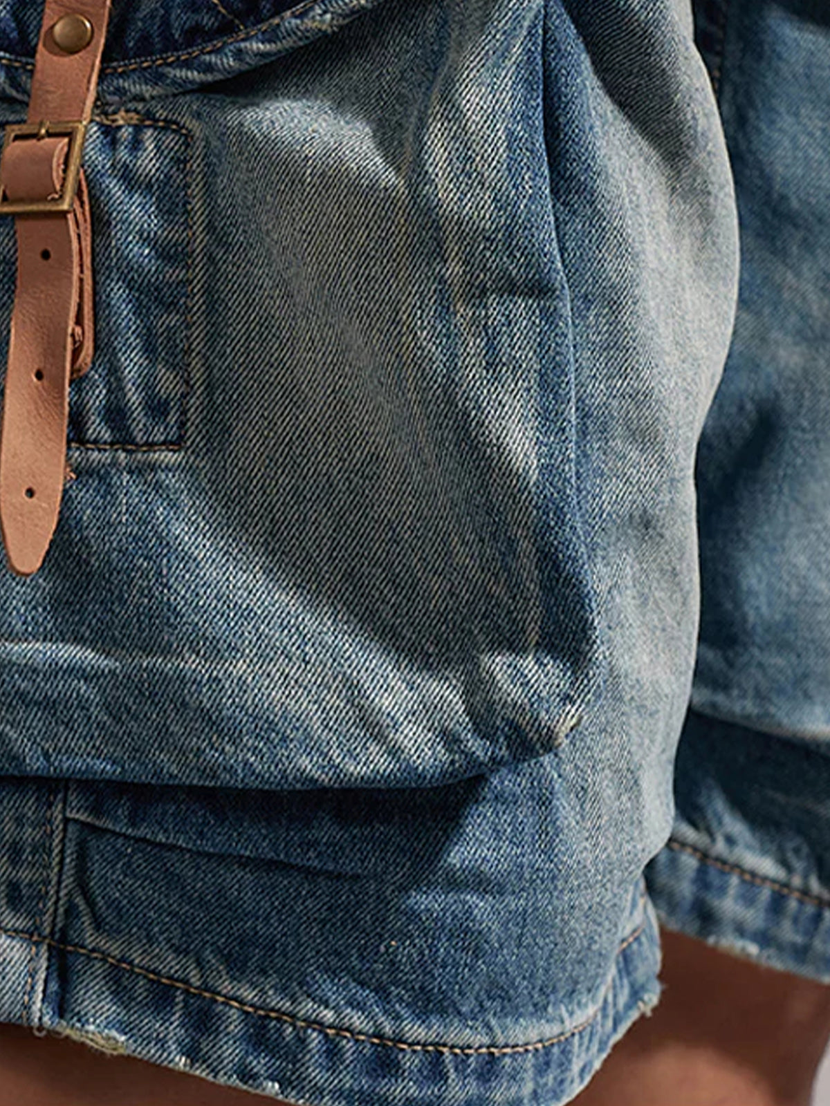 1970s Leather Buckle Washed Denim Shorts