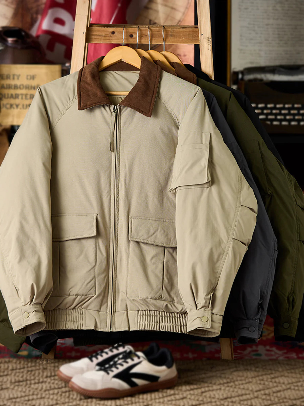 Corduroy-Collar Down Jacket with Cigarette Pockets