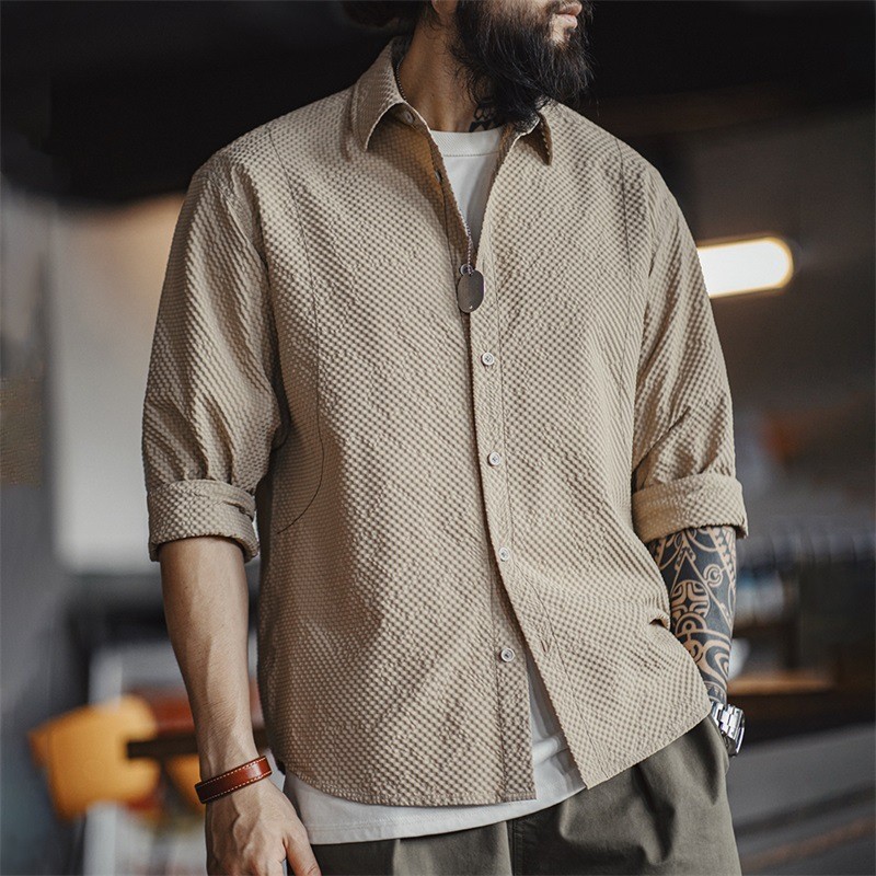 100g Casual Seersucker Non-Iron Long-Sleeved Shirt Texture Thin Lapel Shirt Jacket Men Autumn
