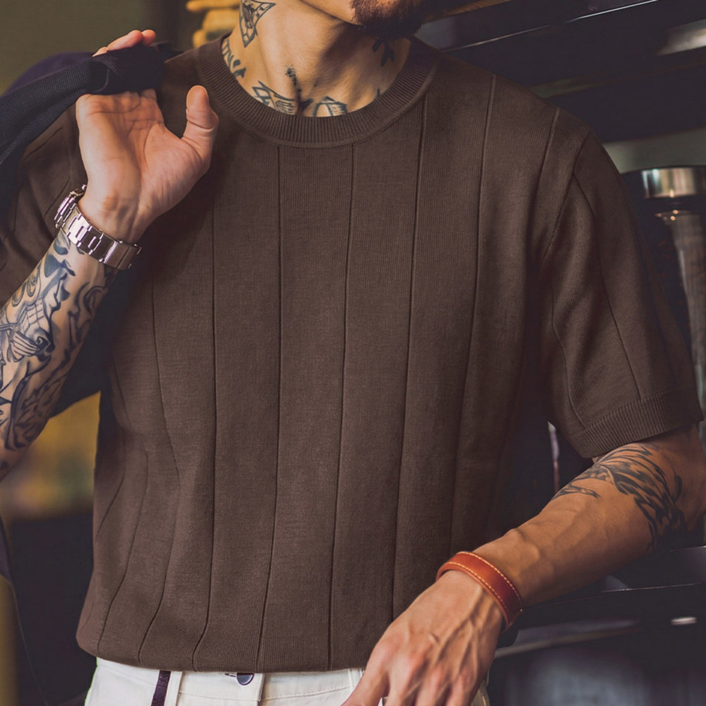 Wuluwear American Retro Solid Color Vertical Pit Strip Knit Short Sleeve Men Summer Old Money Style Loose Thin Style Breathable Round Neck Bottoming Shirt