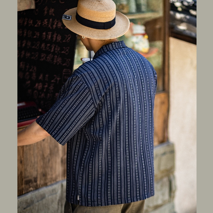 Cuban Collar Textured Striped Shirt