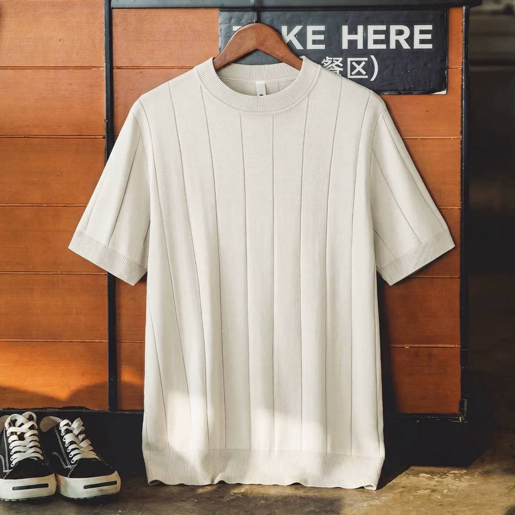 Wuluwear American Retro Solid Color Vertical Pit Strip Knit Short Sleeve Men Summer Old Money Style Loose Thin Style Breathable Round Neck Bottoming Shirt