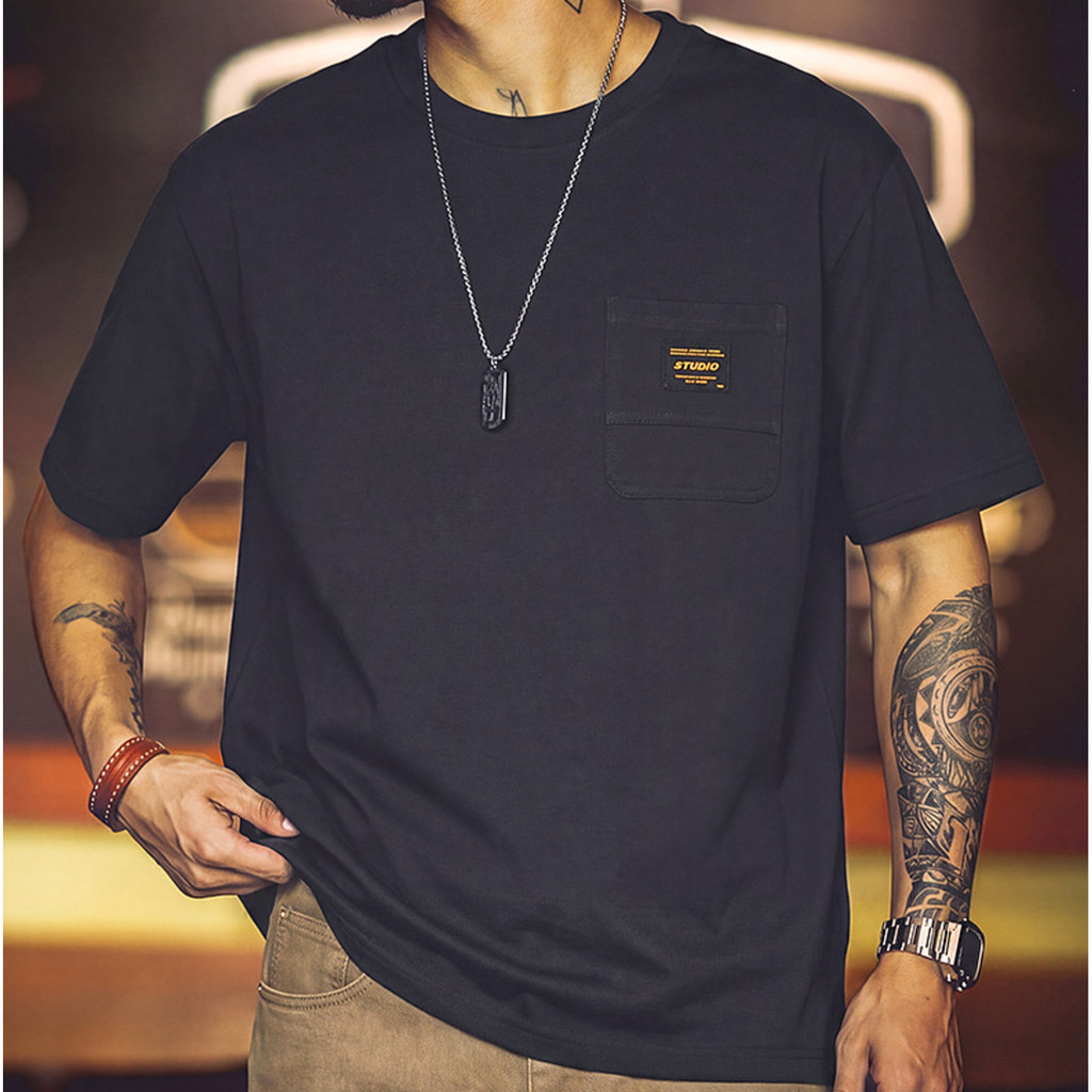 Wuluwear American Retro Tooling Pocket T-Shirt Male Lyocell Cool Breathable Short-Sleeved Summer Loose Stretch Casual Top
