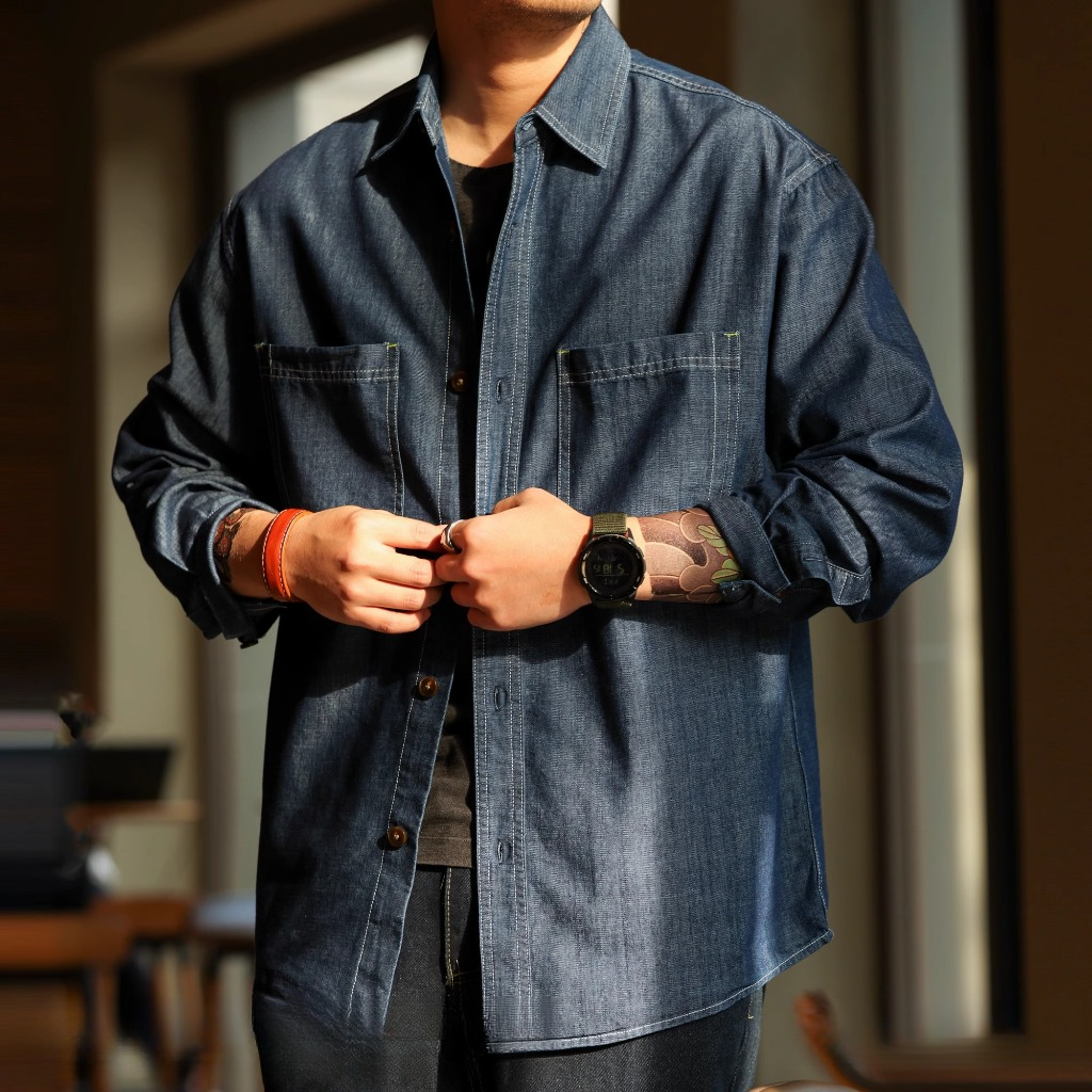 210g French Retro Blue Denim Shirt Men Denim Wash Lazy Style Workwear Long-Sleeved Shirt Jacket