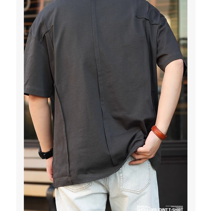 Wuluwear 280g Stitching Tailoring Casual Short-Sleeved T-Shirt Men Loose Pure Cotton Round Neck Sports TEE Summer