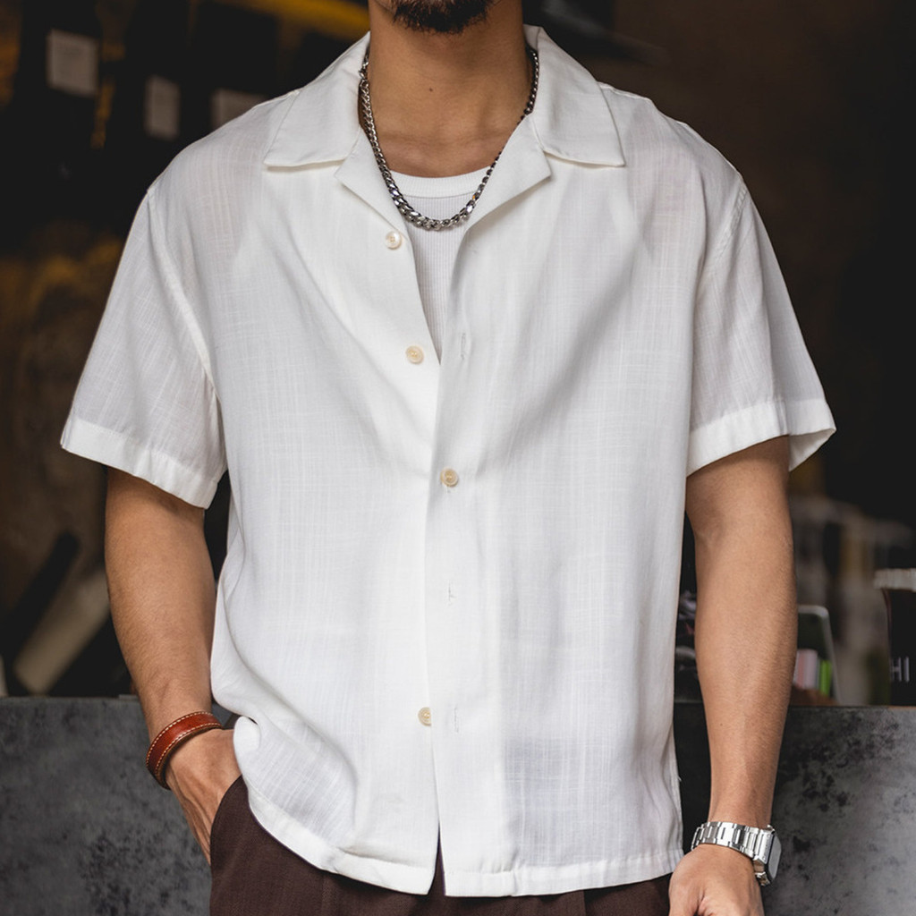 Lyocell Linen Cuban Collar Lyocell WhiteShirt Light Vacation Style Cardigan Shirt