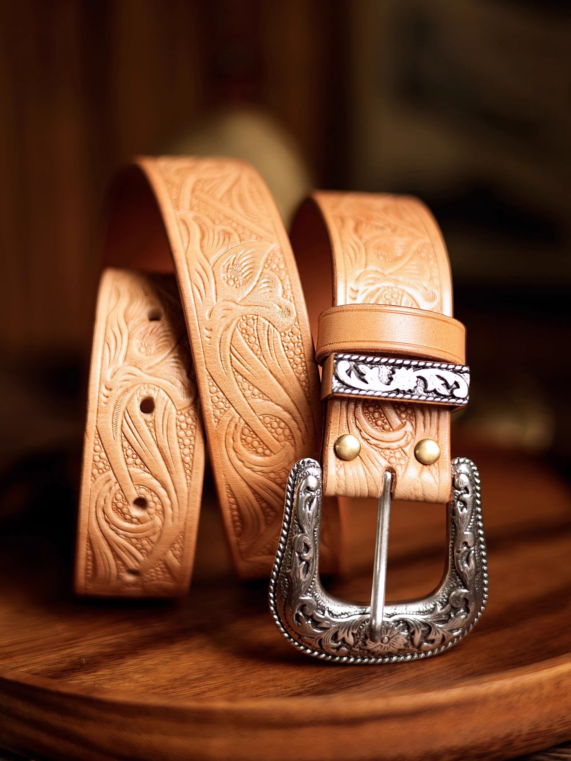 Hand-carved leather belt