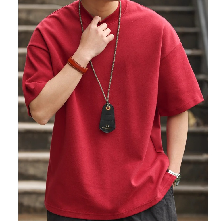 300g Encore Red Short-Sleeved T-Shirt Men Loose Heavy Gray Small Neckline Summer