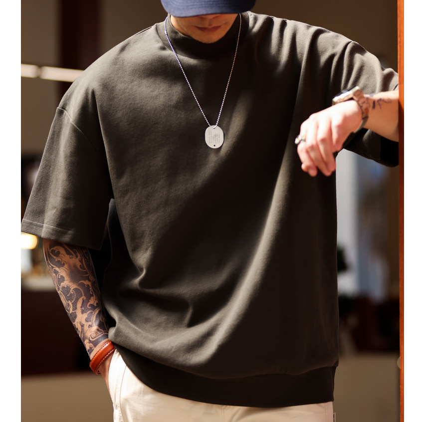 American Style 300g Heavy Gallery Type Small Neckline Short-Sleeved T-Shirt Men Casual Soft Waxy Texture Dropped Shoulder Sleeve Bottom