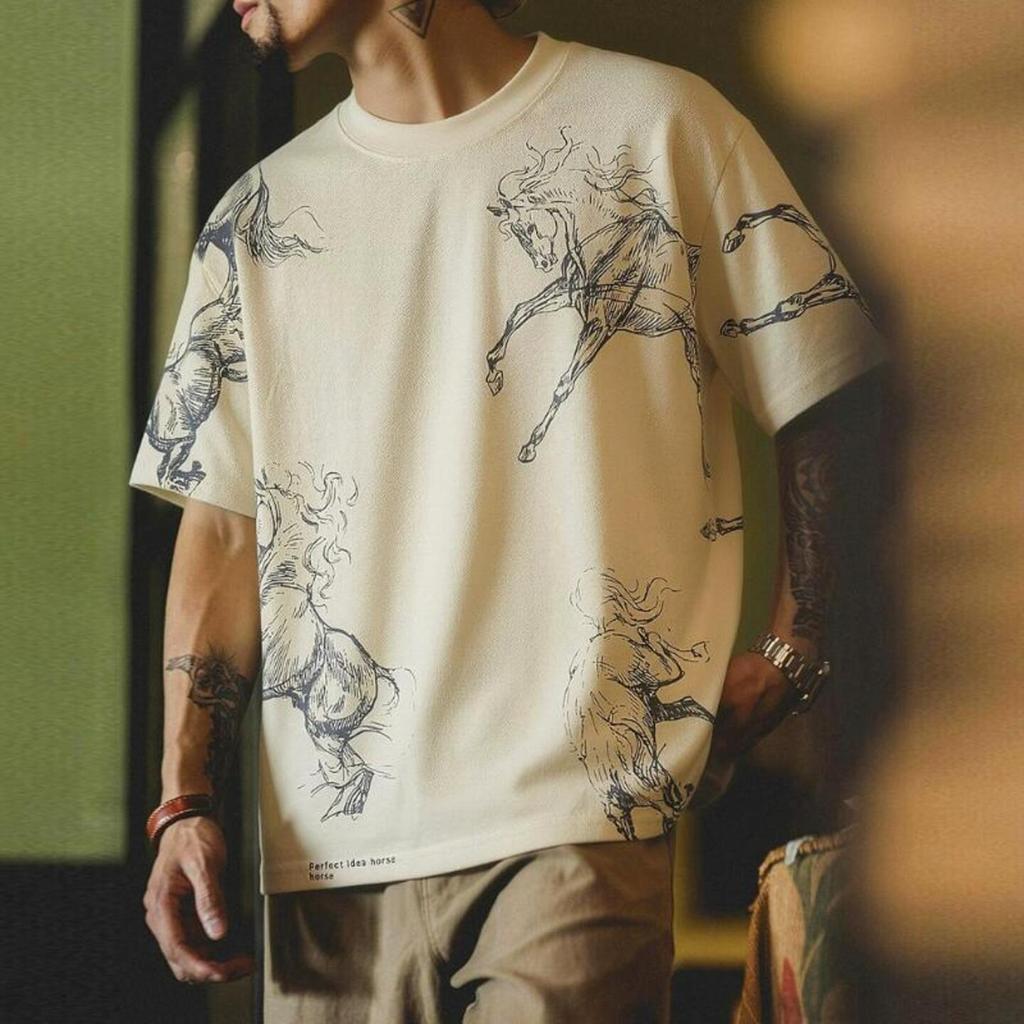 Wuluwear American Linen Blended Year of the Horse Printed Short-Sleeved T-Shirt Men Summer Loose All-Match Round Neck Design Bott