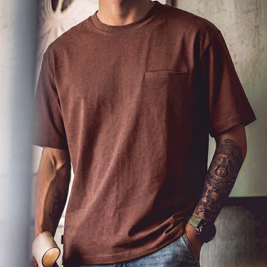 Wuluwear American Retro Pure Cotton Short-Sleeved t-Shirt Men's Summer New Style Brown Fake Pocket Loose Casual Tough Guy Strong t-Shirt