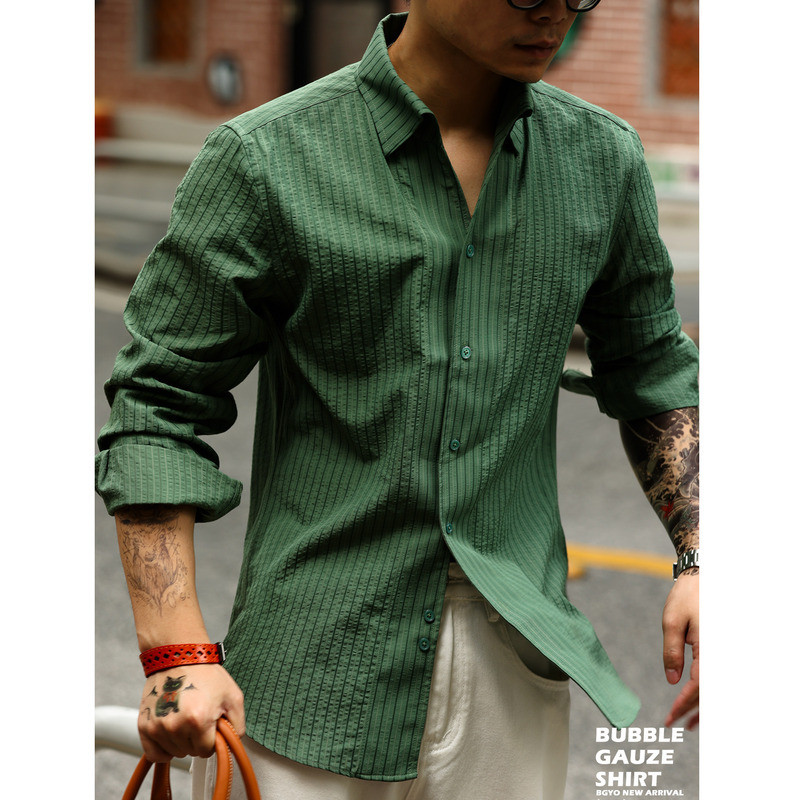 Wuluwear American Micro-Pleated Striped Texture Long-Sleeved Shirt Men Yuppie Old Money Style Casual Shirt Autumn