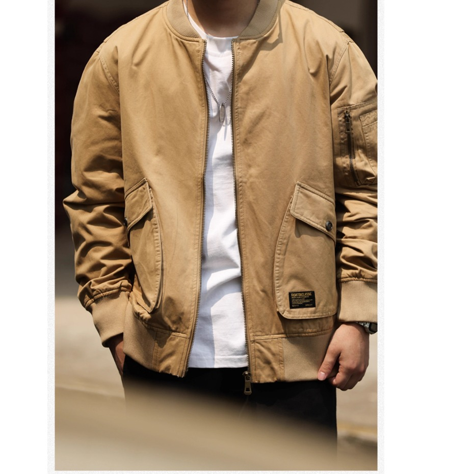 American Retro MA-1 Flight Jacket Men Loose Workwear Plus Size Khaki Baseball Collar Harrington Jacket