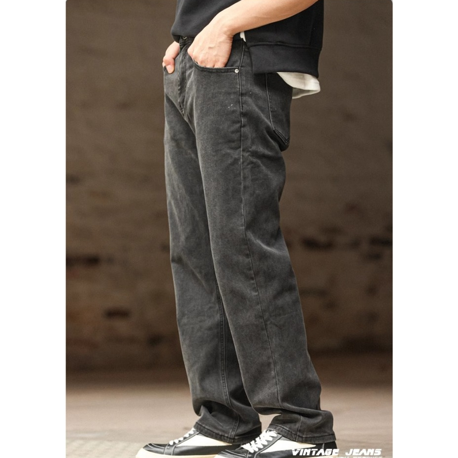 Wuluwear American Retro Black Jeans Men Wash Water Distressed Mid-Waist Narrow Wide-Leg Straight Long Pants