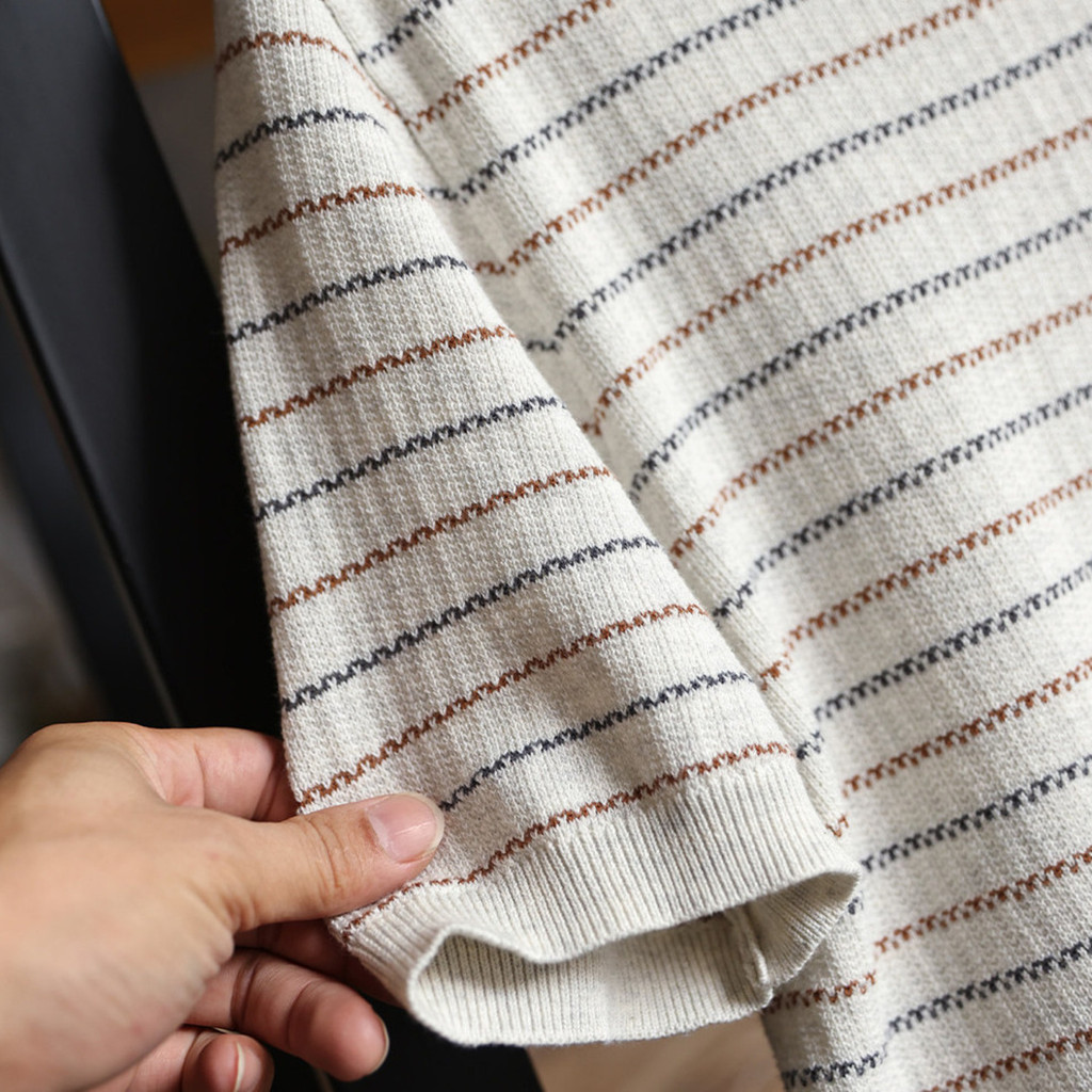 Wuluwear Summer New Style American Style Contrast Color Striped Knitted polo Shirt Men Loose Old Money Style Commuter Texture Breathable Short Sleeves