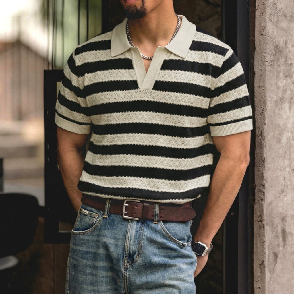 Striped Breathable Knitted Polo