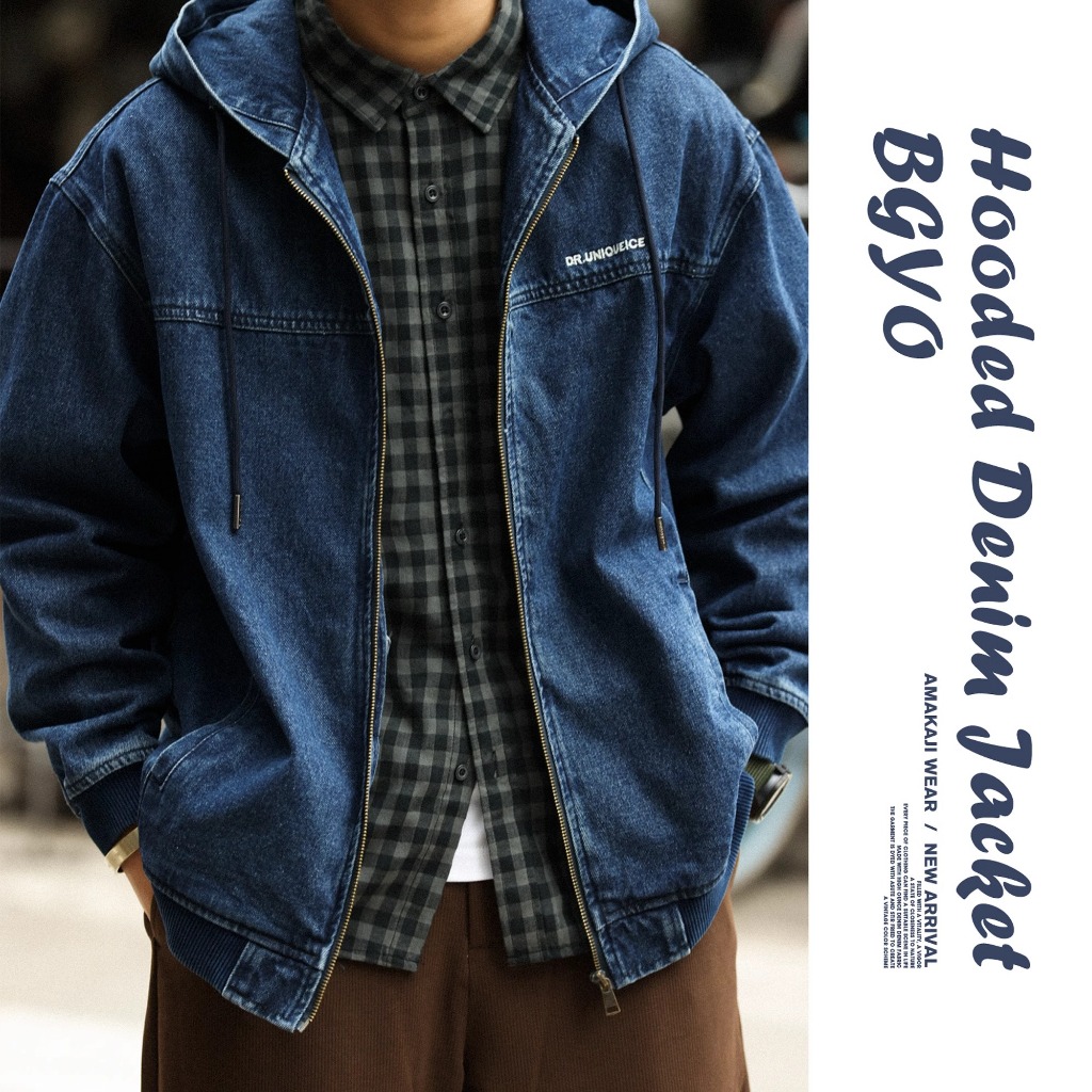 American Casual Hooded Denim Jacket Men Loose Denim Washed Heavy Zipper Cargo Jacket