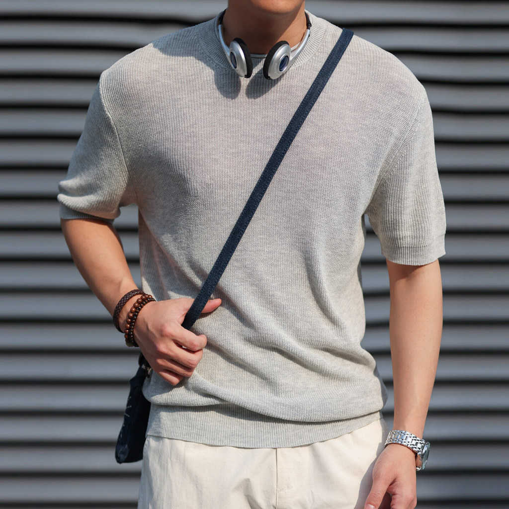 Wuluwear American Casual Tencel Linen Short-Sleeved Sweater Men cleanfit Texture Simple Round Neck T-Shirt
