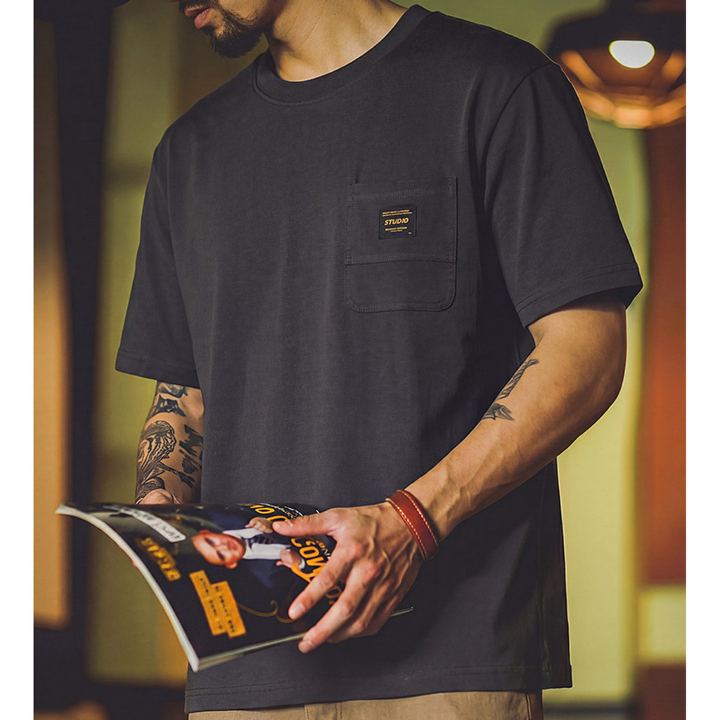 Wuluwear American Retro Tooling Pocket T-Shirt Male Lyocell Cool Breathable Short-Sleeved Summer Loose Stretch Casual Top