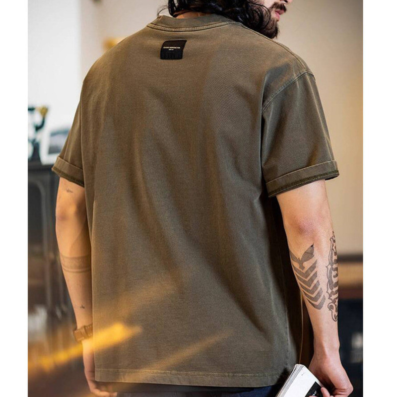 260g Pure Cotton Short-Sleeved t-Shirt Men Washed Embroidered Round Neck Half-Sleeved t-Shirt