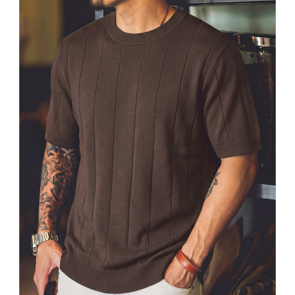 Wuluwear American Retro Solid Color Vertical Pit Strip Knit Short Sleeve Men Summer Old Money Style Loose Thin Style Breathable Round Neck Bottoming Shirt