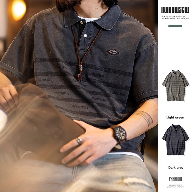 260g Striped Printed polo Shirt Men Short-Sleeved t-Shirt Pure Cotton Washed Half-Sleeved Men