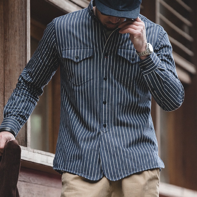 Striped Shirt American Retro Woven Fabric Inner Long-Sleeved Shirt Top Outer Shirt Men