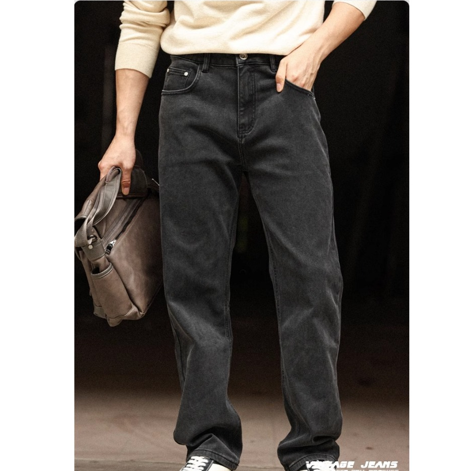 Wuluwear American Retro Black Jeans Men Wash Water Distressed Mid-Waist Narrow Wide-Leg Straight Long Pants