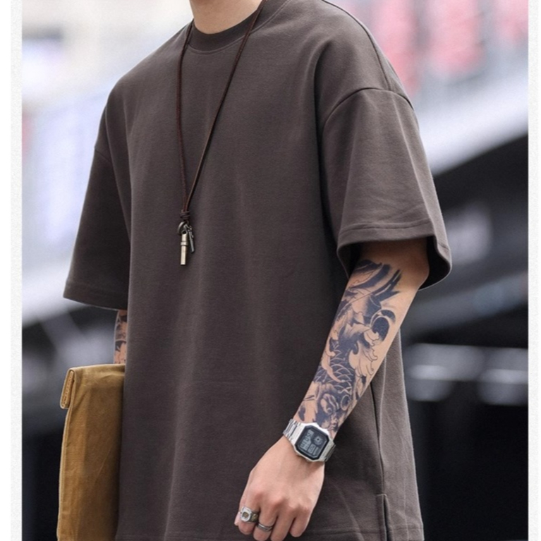 305GShort-Sleeved T-Shirt Men Women Loose 305G Dark Green Round Neck Slit Dropped Shoulder Sleeves TEE