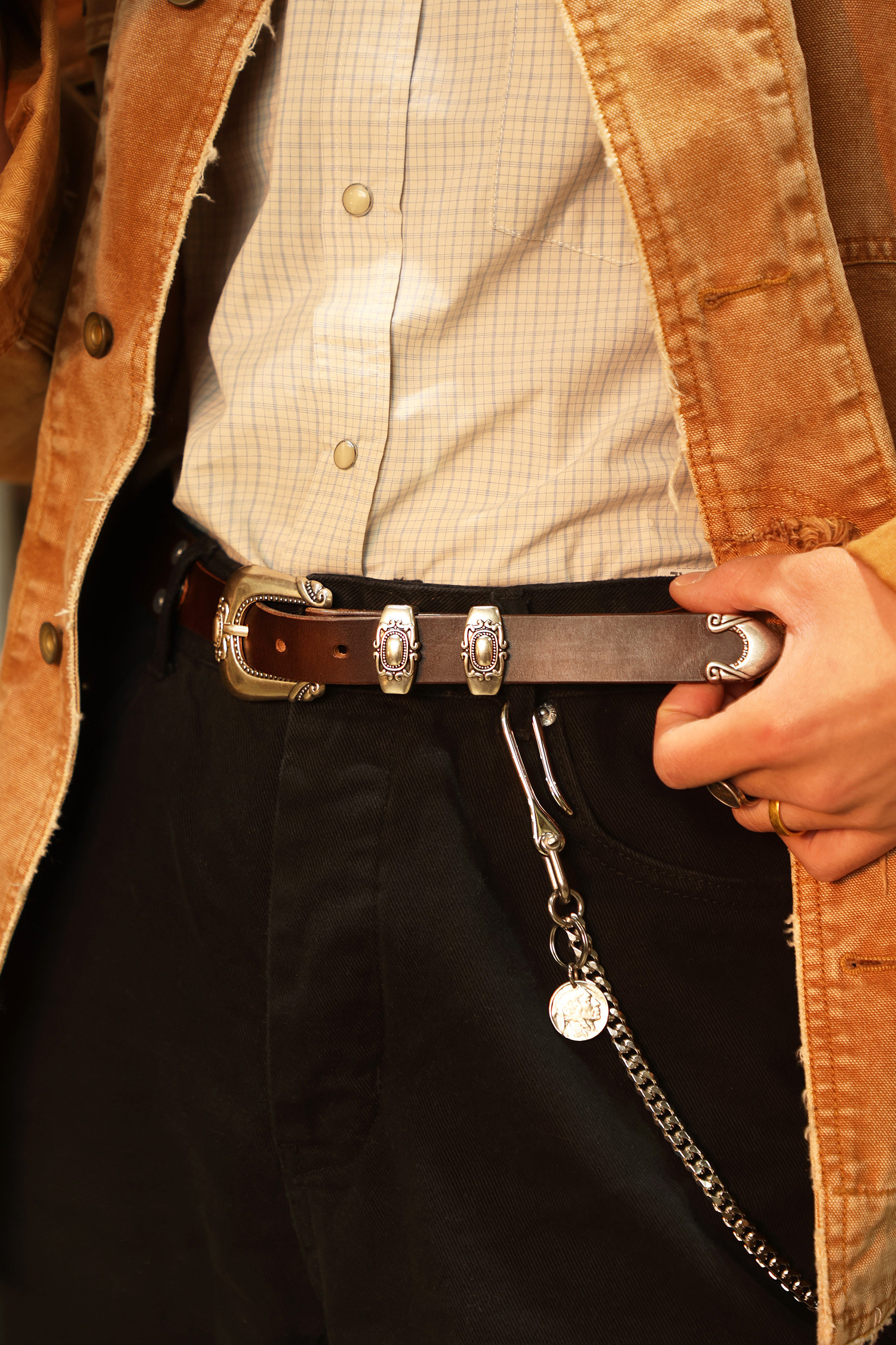 Silver rivet engraved top-grain leather belt 3.5cm